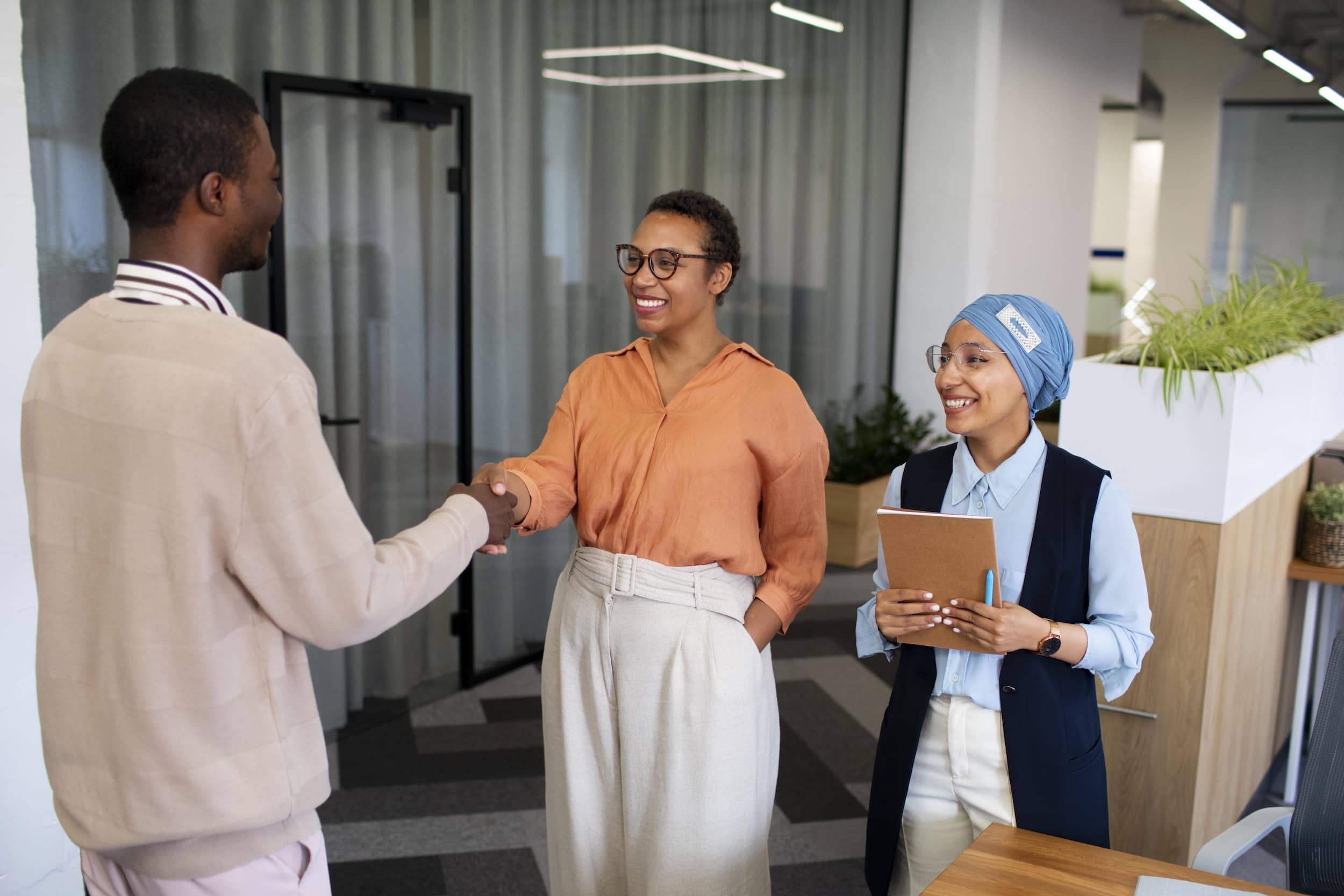 Friendly handshake between a guy and a lady